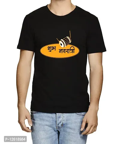 Caseria Men's Round Neck Cotton Half Sleeved T-Shirt with Printed Graphics - shubh Navratri (Black, XL)-thumb0