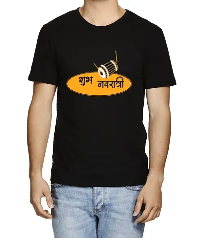 Caseria Men's Round Neck Half Sleeved T-Shirt with Graphics - shubh Navratri (Black, XL)