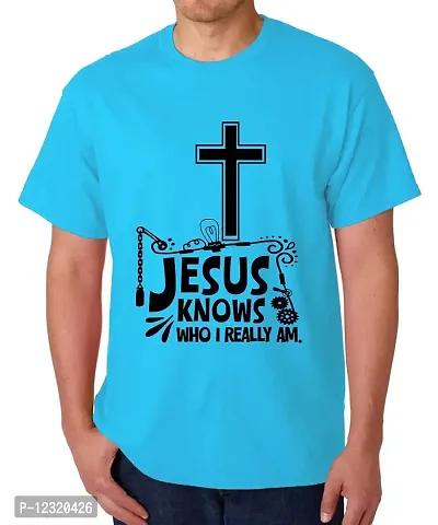 Caseria Men's Round Neck Cotton Half Sleeved T-Shirt with Printed Graphics - Jesus Knows Who I Am (Sky Blue, SM)-thumb0