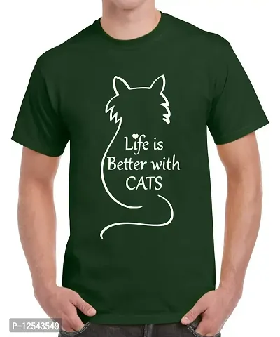 Caseria Men's Round Neck Cotton Half Sleeved T-Shirt with Printed Graphics - Life is Cats (Bottel Green, XXL)-thumb0