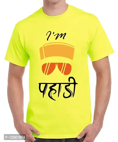 Caseria Men's Round Neck Cotton Half Sleeved T-Shirt with Printed Graphics - I'm Pahadi (Lemon Yellow, MD)