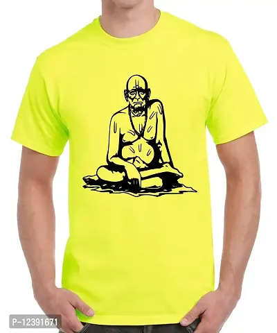 Caseria Men's Round Neck Cotton Half Sleeved T-Shirt with Printed Graphics - Swami Samarth (Lemon Yellow, MD)-thumb0