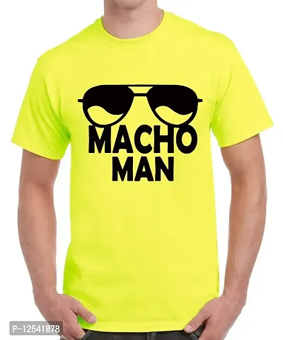 Caseria Men's Round Neck Cotton Half Sleeved T-Shirt with Printed Graphics - Macho Man (Lemon Yellow, XL)