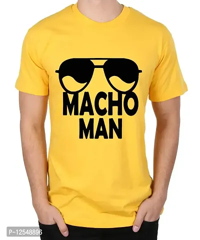 Caseria Men's Round Neck Cotton Half Sleeved T-Shirt with Printed Graphics - Macho Man (Yellow, XXL)-thumb0