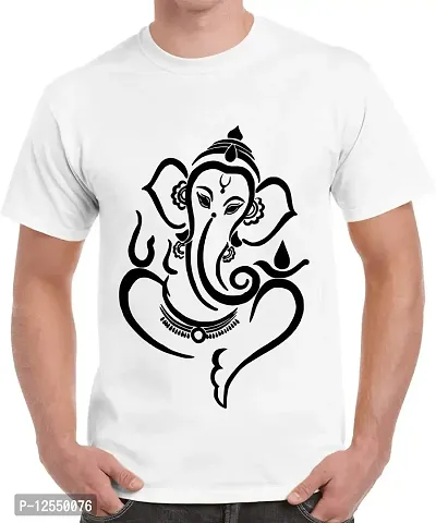 Caseria Men's Round Neck Cotton Half Sleeved T-Shirt with Printed Graphics - Shree Ganesh Maharaj (White, XXL)