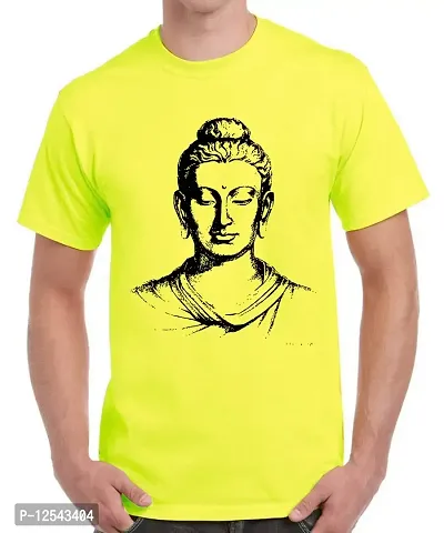 Caseria Men's Round Neck Cotton Half Sleeved T-Shirt with Printed Graphics - Gautam Buddh (Lemon Yellow, L)