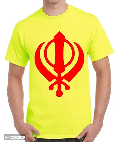 Caseria Men's Round Neck Cotton Half Sleeved T-Shirt with Printed Graphics - Sikh Khanda (Lemon Yellow, XXL)-thumb0