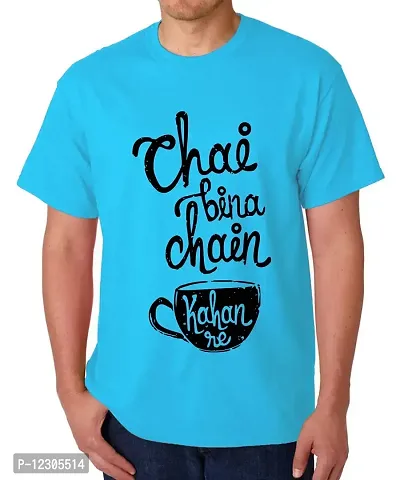 Caseria Men's Round Neck Cotton Half Sleeved T-Shirt with Printed Graphics - Chai Bina Chain Kahan Re (Sky Blue, SM)-thumb0