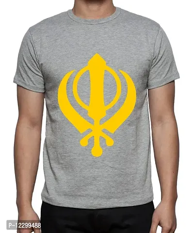 Caseria Men's Round Neck Cotton Half Sleeved T-Shirt with Printed Graphics - Sikh Khanda (Grey, SM)-thumb0