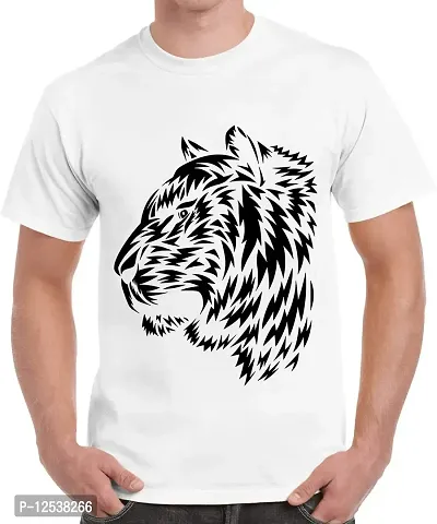 Caseria Men's Round Neck Cotton Half Sleeved T-Shirt with Printed Graphics - Tiger Pattern (White, SM)