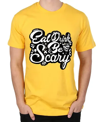 Caseria Men's Round Neck Half Sleeved T-Shirt with Graphics - Eat Drink Scary (Yellow, MD)