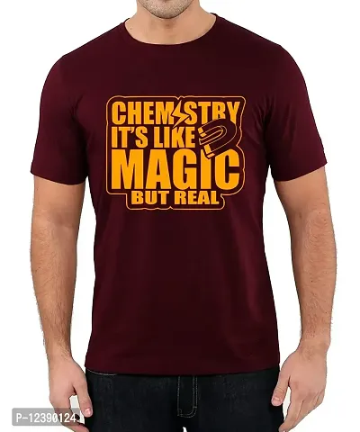 Caseria Men's Round Neck Cotton Half Sleeved T-Shirt with Printed Graphics - Chemistry It's Like Magic (Maroon, L)-thumb0