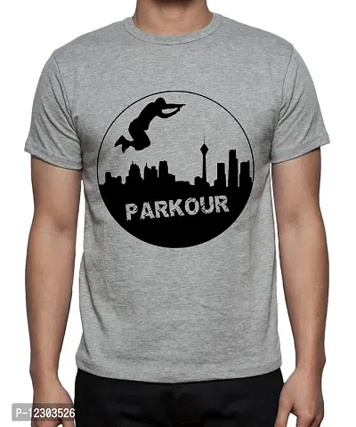 Caseria Men's Round Neck Cotton Half Sleeved T-Shirt with Printed Graphics - Parkour (Grey, MD)-thumb0