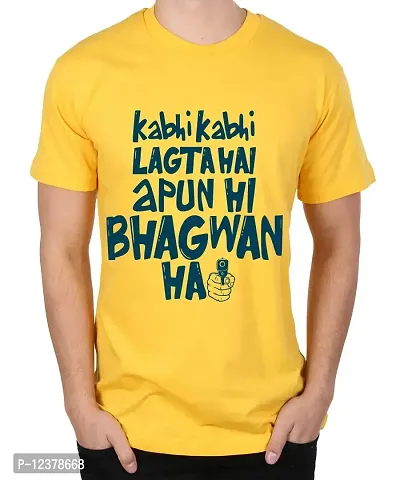 Caseria Men's Round Neck Cotton Half Sleeved T-Shirt with Printed Graphics - Apun Hi Bhagwan Hai (Yellow, L)-thumb0