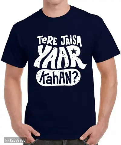 Caseria Men's Round Neck Cotton Half Sleeved T-Shirt with Printed Graphics - Tere Jaisa Yaar Kahan (Navy Blue, SM)-thumb0