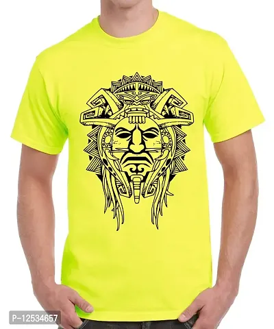 Caseria Men's Round Neck Cotton Half Sleeved T-Shirt with Printed Graphics - Aztec Warrior Mask (Lemon Yellow, MD)