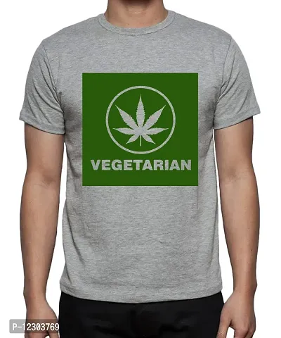 Caseria Men's Round Neck Cotton Half Sleeved T-Shirt with Printed Graphics - Weed Vegetarian (Grey, L)-thumb0