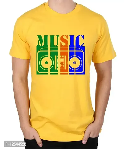 Caseria Men's Round Neck Cotton Half Sleeved T-Shirt with Printed Graphics - Music Player (Yellow, MD)-thumb0