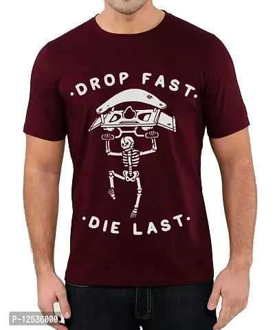 Caseria Men's Round Neck Cotton Half Sleeved T-Shirt with Printed Graphics - Drop Fast Die Last (Maroon, SM)-thumb0