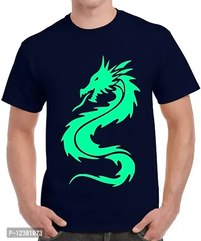 Caseria Men's Round Neck Cotton Half Sleeved T-Shirt with Printed Graphics - Chinese Dragon (Navy Blue, XL)