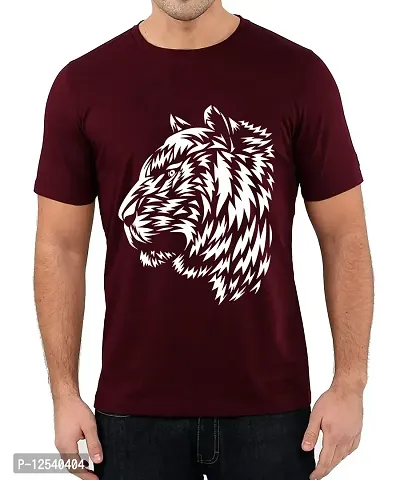 Caseria Men's Round Neck Cotton Half Sleeved T-Shirt with Printed Graphics - Tiger Pattern (Maroon, XXL)-thumb0