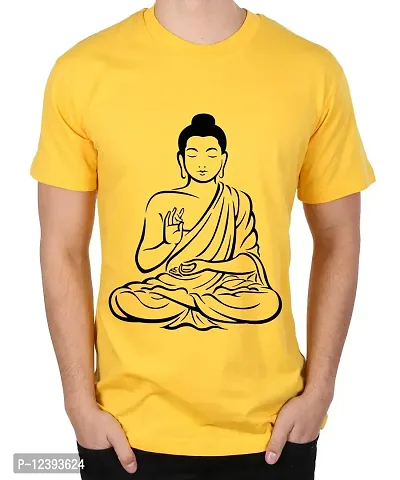 Caseria Men's Round Neck Cotton Half Sleeved T-Shirt with Printed Graphics - Buddha (Yellow, XL)-thumb0