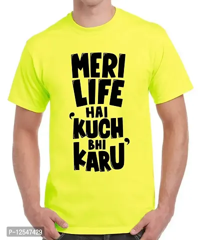 Caseria Men's Round Neck Cotton Half Sleeved T-Shirt with Printed Graphics - Kuch Bhi Karu (Lemon Yellow, SM)-thumb0