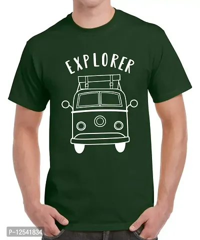 Caseria Men's Round Neck Cotton Half Sleeved T-Shirt with Printed Graphics - Explorer (Bottel Green, MD)