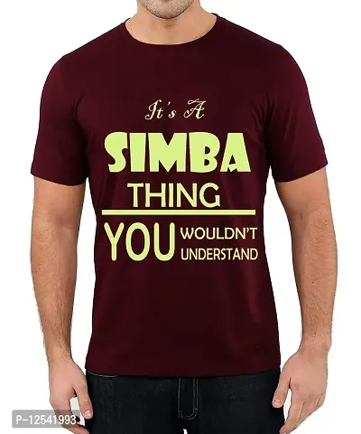 Caseria Men's Round Neck Cotton Half Sleeved T-Shirt with Printed Graphics - It's A Simba Thing (Maroon, SM)