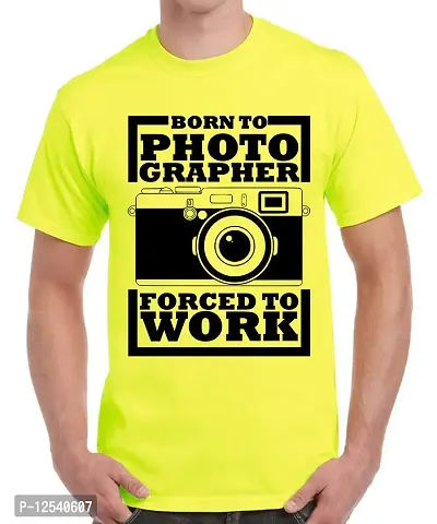 Caseria Men's Round Neck Cotton Half Sleeved T-Shirt with Printed Graphics - Born to Photographer (Lemon Yellow, L)