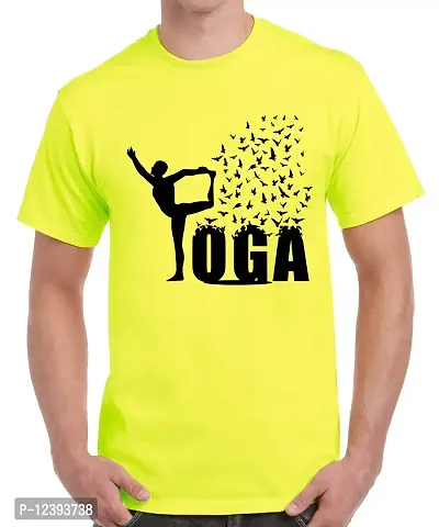 Caseria Men's Round Neck Cotton Half Sleeved T-Shirt with Printed Graphics - Yoga Bird (Lemon Yellow, MD)-thumb0