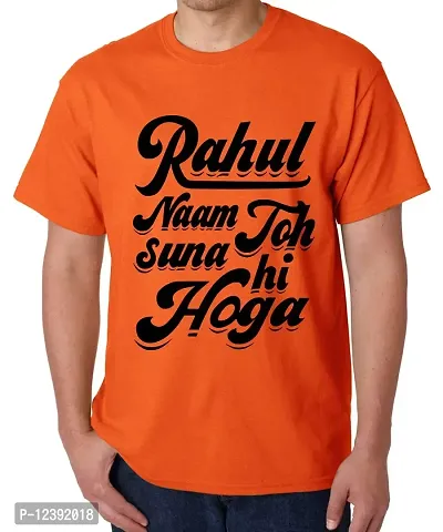 Caseria Men's Round Neck Cotton Half Sleeved T-Shirt with Printed Graphics - Rahul Naam Toh Suna Hi (Orange, L)-thumb0