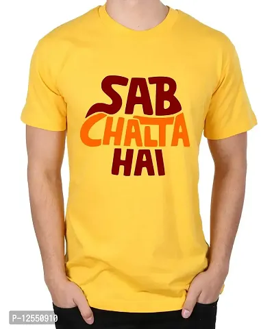 Caseria Men's Round Neck Cotton Half Sleeved T-Shirt with Printed Graphics - Sab Chalta Hai (Yellow, MD)-thumb0