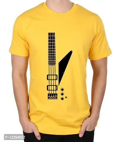 Caseria Men's Round Neck Cotton Half Sleeved T-Shirt with Printed Graphics - Guitar Split Tail (Yellow, MD)