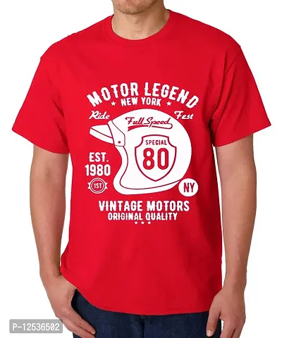Caseria Men's Round Neck Cotton Half Sleeved T-Shirt with Printed Graphics - Motor Legend (Red, L)
