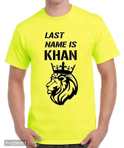 Caseria Men's Round Neck Cotton Half Sleeved T-Shirt with Printed Graphics - Last Name is Khan (Lemon Yellow, L)-thumb0