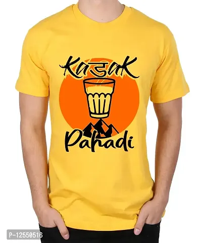 Caseria Men's Round Neck Cotton Half Sleeved T-Shirt with Printed Graphics - Kadak Pahadi (Yellow, L)