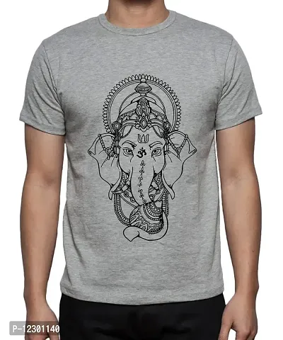 Caseria Men's Round Neck Cotton Half Sleeved T-Shirt with Printed Graphics - Shri Ganesh (Grey, SM)-thumb0