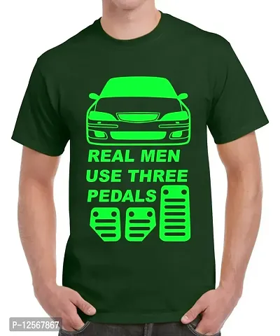 Caseria Men's Round Neck Cotton Half Sleeved T-Shirt with Printed Graphics - Real Men Three Pedals (Bottel Green, SM)-thumb0