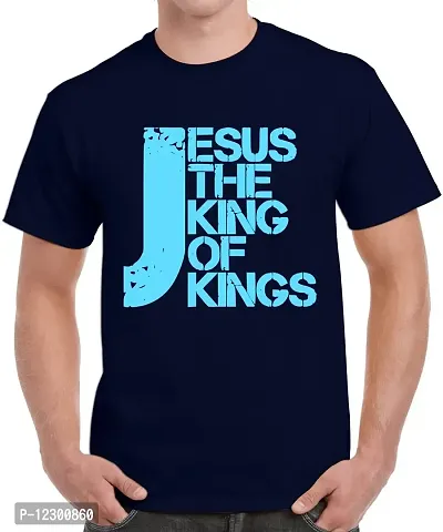 Caseria Men's Round Neck Cotton Half Sleeved T-Shirt with Printed Graphics - Jesus The King of Kings (Navy Blue, MD)-thumb0