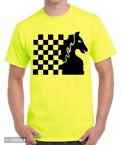 Caseria Men's Round Neck Cotton Half Sleeved T-Shirt with Printed Graphics - Knight Chess (Lemon Yellow, MD)-thumb0