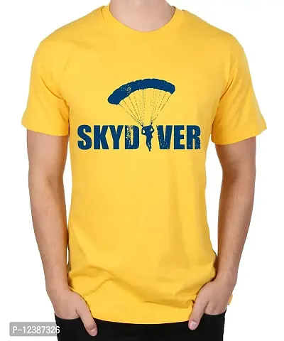 Caseria Men's Round Neck Cotton Half Sleeved T-Shirt with Printed Graphics - Skydiver (Yellow, MD)-thumb0