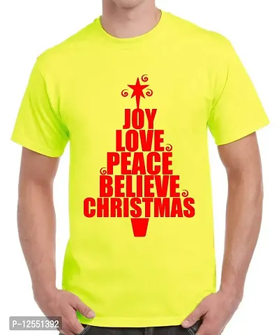 Caseria Men's Round Neck Cotton Half Sleeved T-Shirt with Printed Graphics - Joy Love Peace (Lemon Yellow, XL)