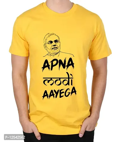 Caseria Men's Round Neck Cotton Half Sleeved T-Shirt with Printed Graphics - Apna Modi Ayega (Yellow, L)-thumb0