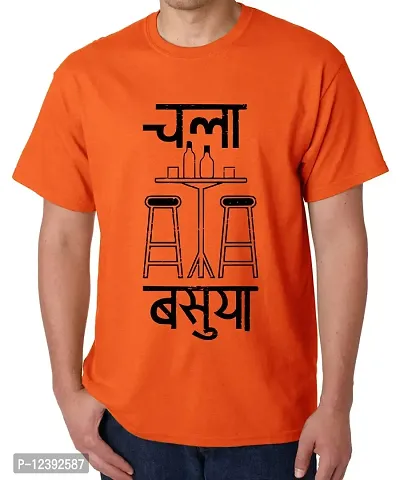 Caseria Men's Round Neck Cotton Half Sleeved T-Shirt with Printed Graphics - Chala Basuya (Orange, L)