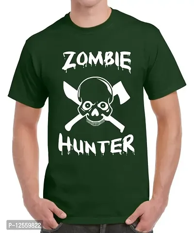 Caseria Men's Round Neck Cotton Half Sleeved T-Shirt with Printed Graphics - Zomble Hunter (Bottel Green, L)