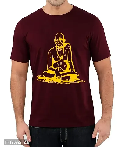 Caseria Men's Round Neck Cotton Half Sleeved T-Shirt with Printed Graphics - Swami Samarth (Maroon, XL)