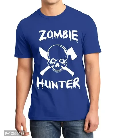 Caseria Men's Round Neck Cotton Half Sleeved T-Shirt with Printed Graphics - Zomble Hunter (Royal Blue, SM)