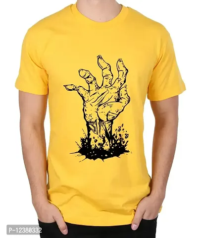 Caseria Men's Round Neck Cotton Half Sleeved T-Shirt with Printed Graphics - Zombie Arm (Yellow, SM)