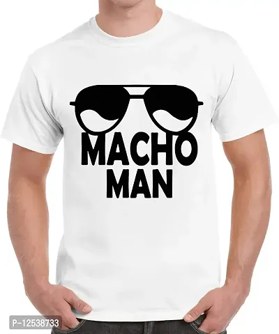 Caseria Men's Round Neck Cotton Half Sleeved T-Shirt with Printed Graphics - Macho Man (White, XL)-thumb0